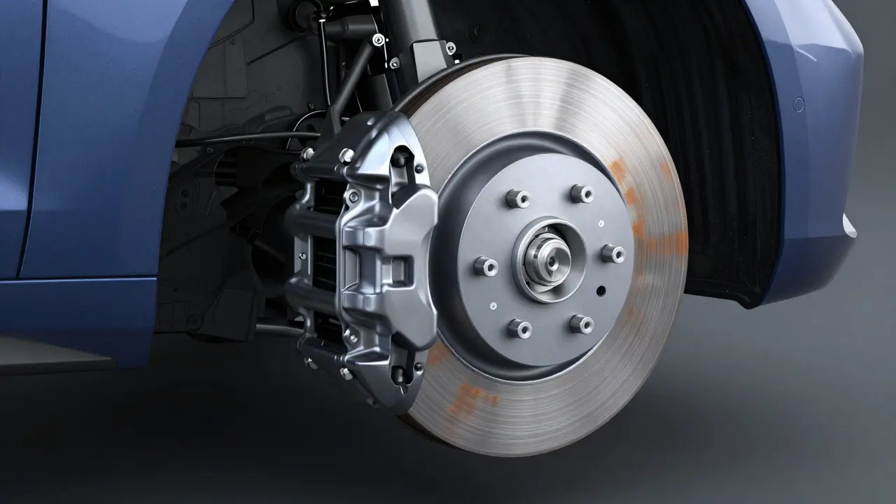 Technical view of an EV brake rotor and caliper showing surface rust