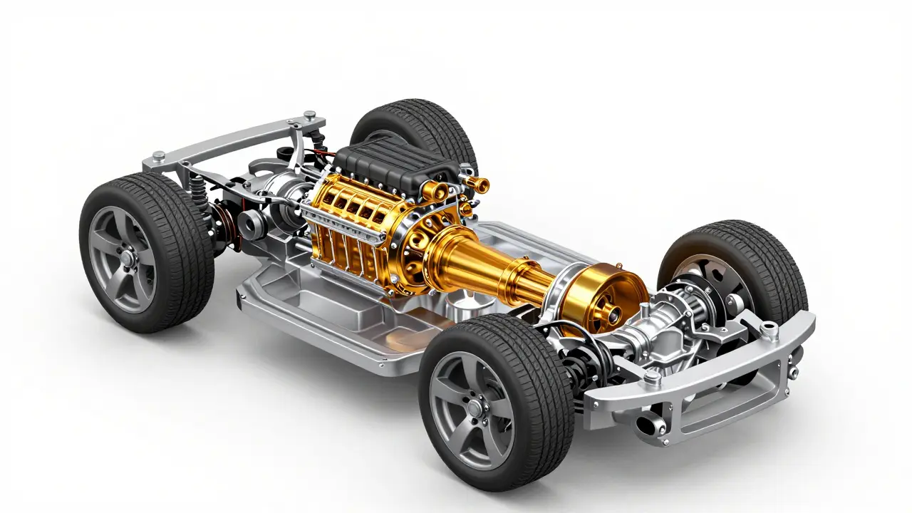 Transparent car chassis highlighting the powertrain components in gold.