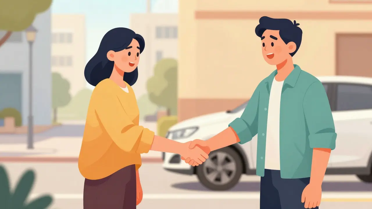Two people shaking hands next to a car to signify a lease transfer