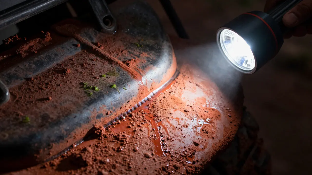 Used skid plate being inspected with flashlight for wear and mud buildup.