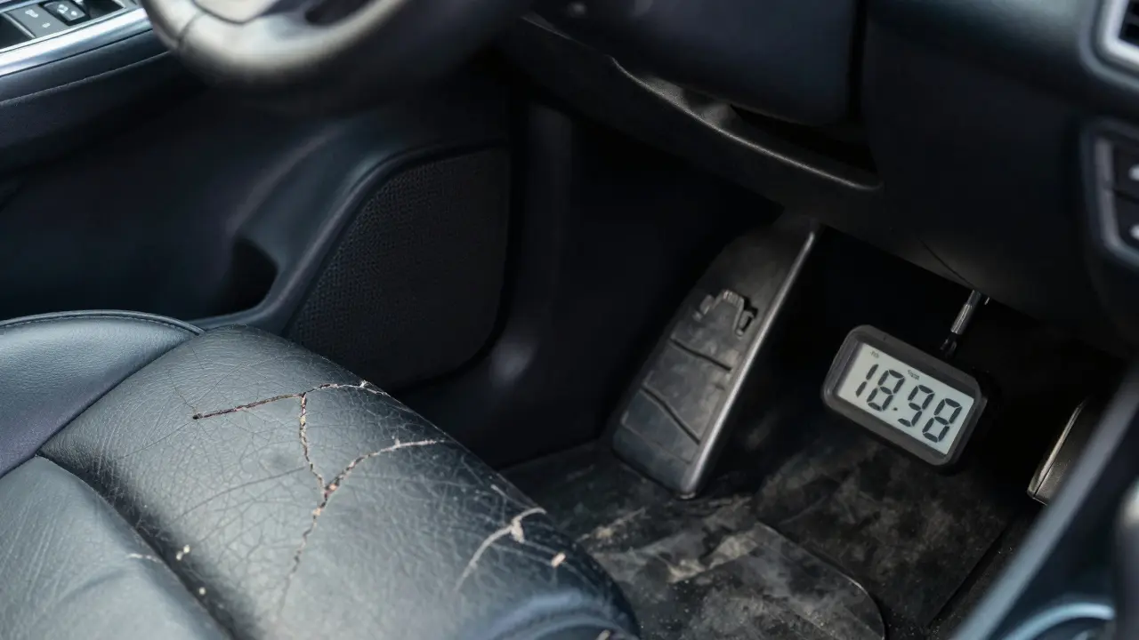 Worn driver's seat and brake pedal contrasted with a low-mileage digital odometer.