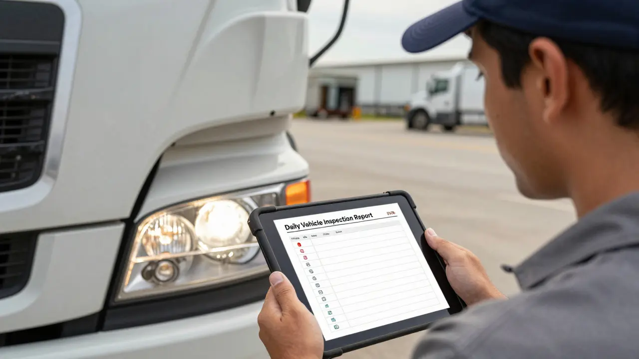 A driver using a tablet to conduct a daily vehicle inspection report before starting work.