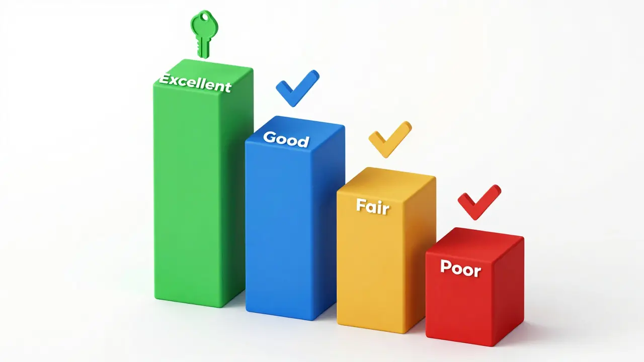 Abstract visualization of credit score tiers from poor to excellent using colored levels.