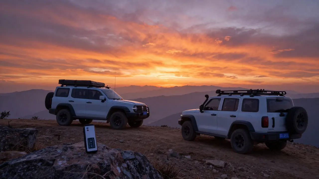 Adventure SUV on mountain ridge with satellite messenger