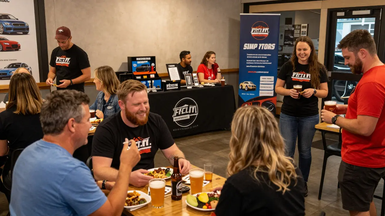 Attendees enjoying food and raffles at a charity car rally rest stop