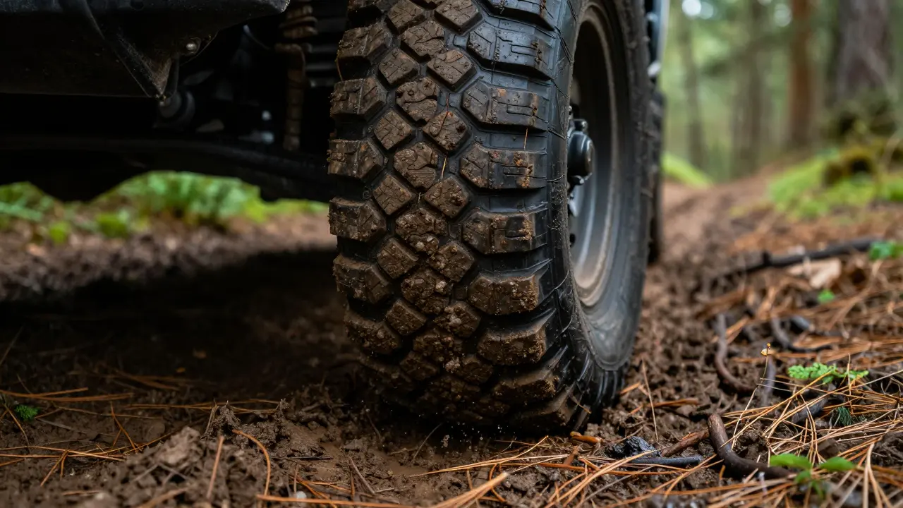 Close-up of off-road tire gripping muddy forest trail