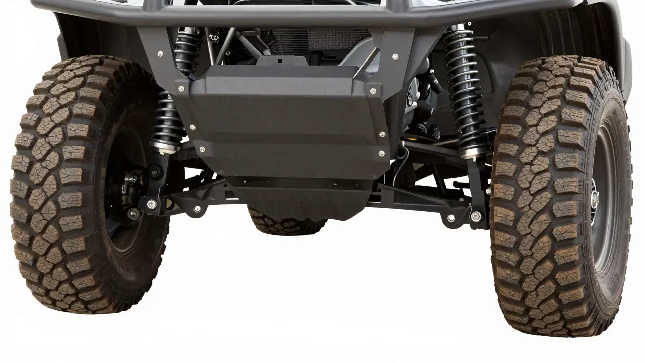 Close-up of van suspension, skid plates, and off-road tires