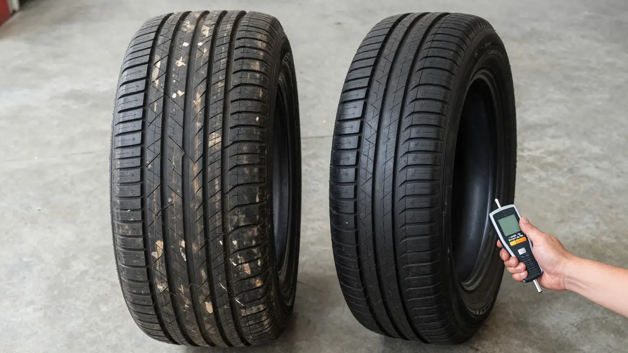 Comparison of a worn old tire versus a brand new tire with gauge.