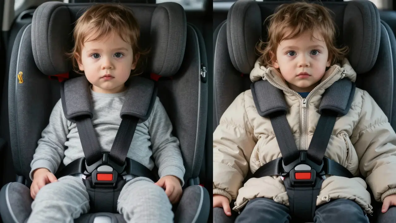 Comparison of tight harness fit versus bulky winter coat gaps