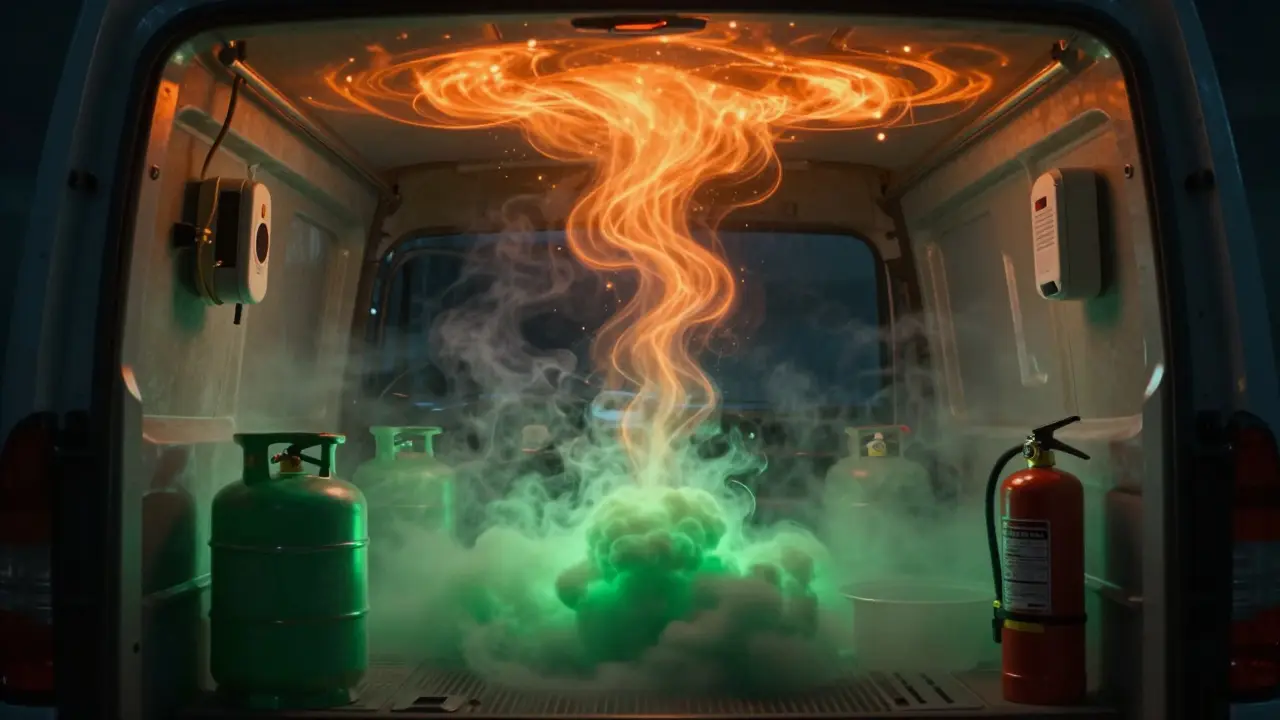 Conceptual art showing invisible gas hazards like heat and propane in a van, guarded by safety devices.