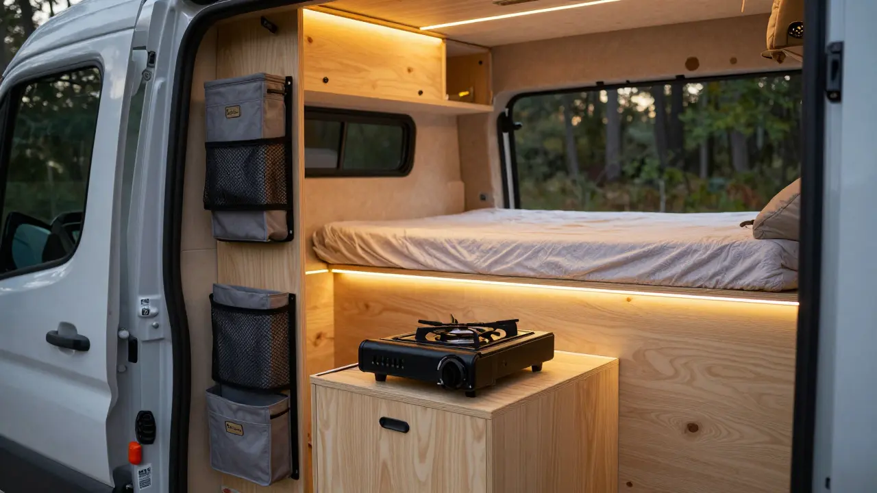 Cozy interior of converted overland van with bed and kitchen