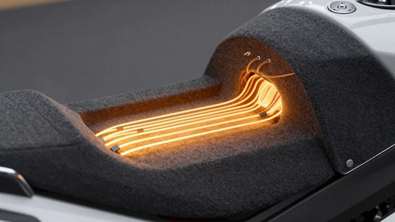 Cross-section of a motorcycle seat showing glowing heating wires