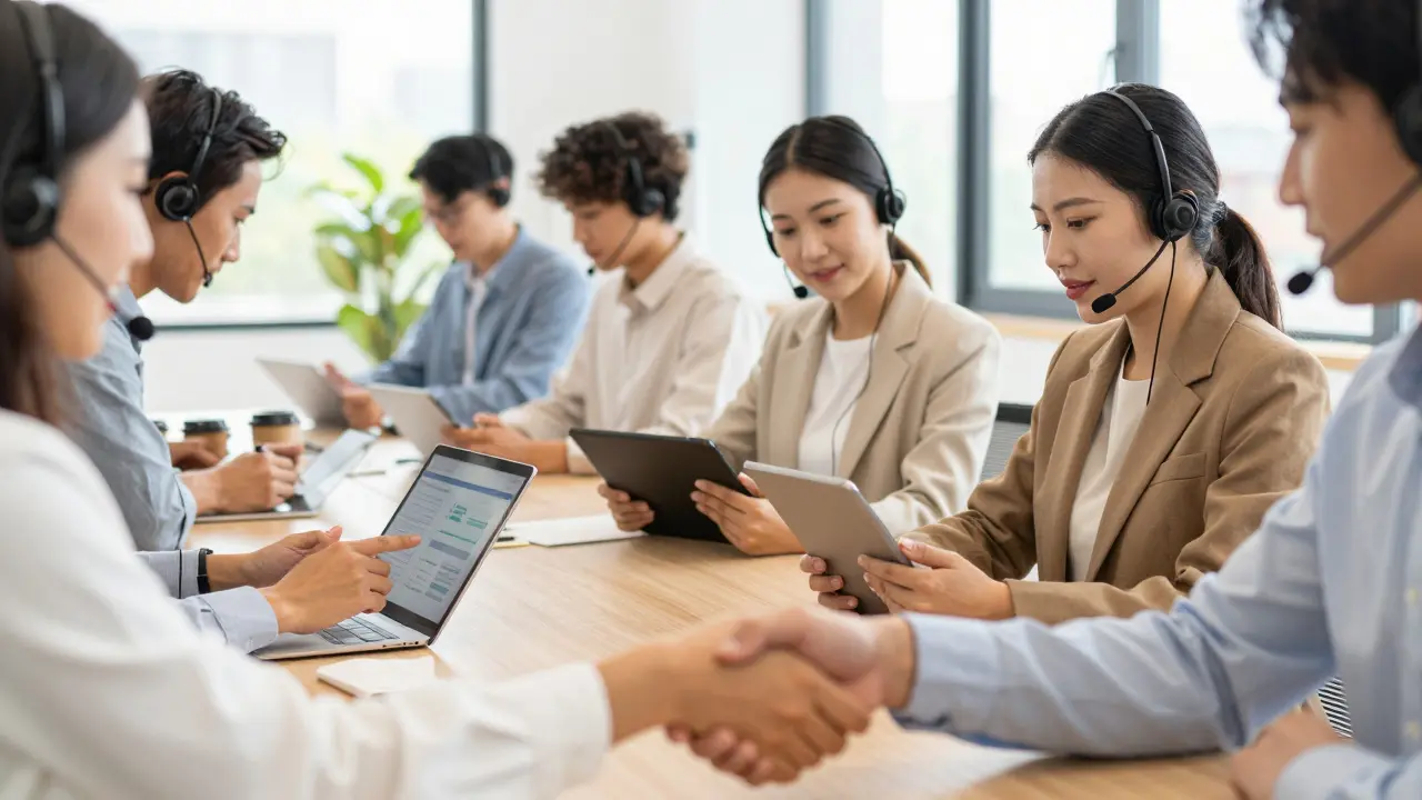 Customer service team collaborating in a bright, modern office environment
