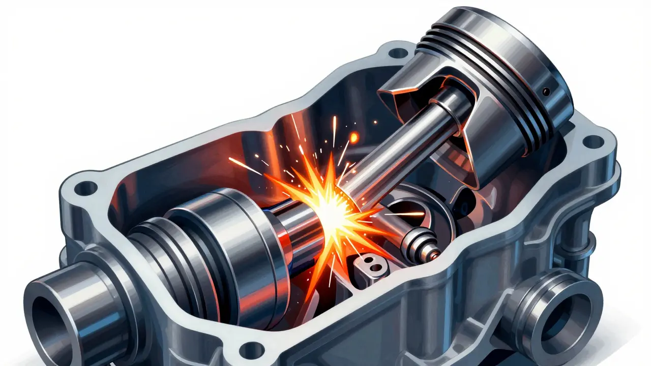Cutaway engine showing piston colliding with open valve
