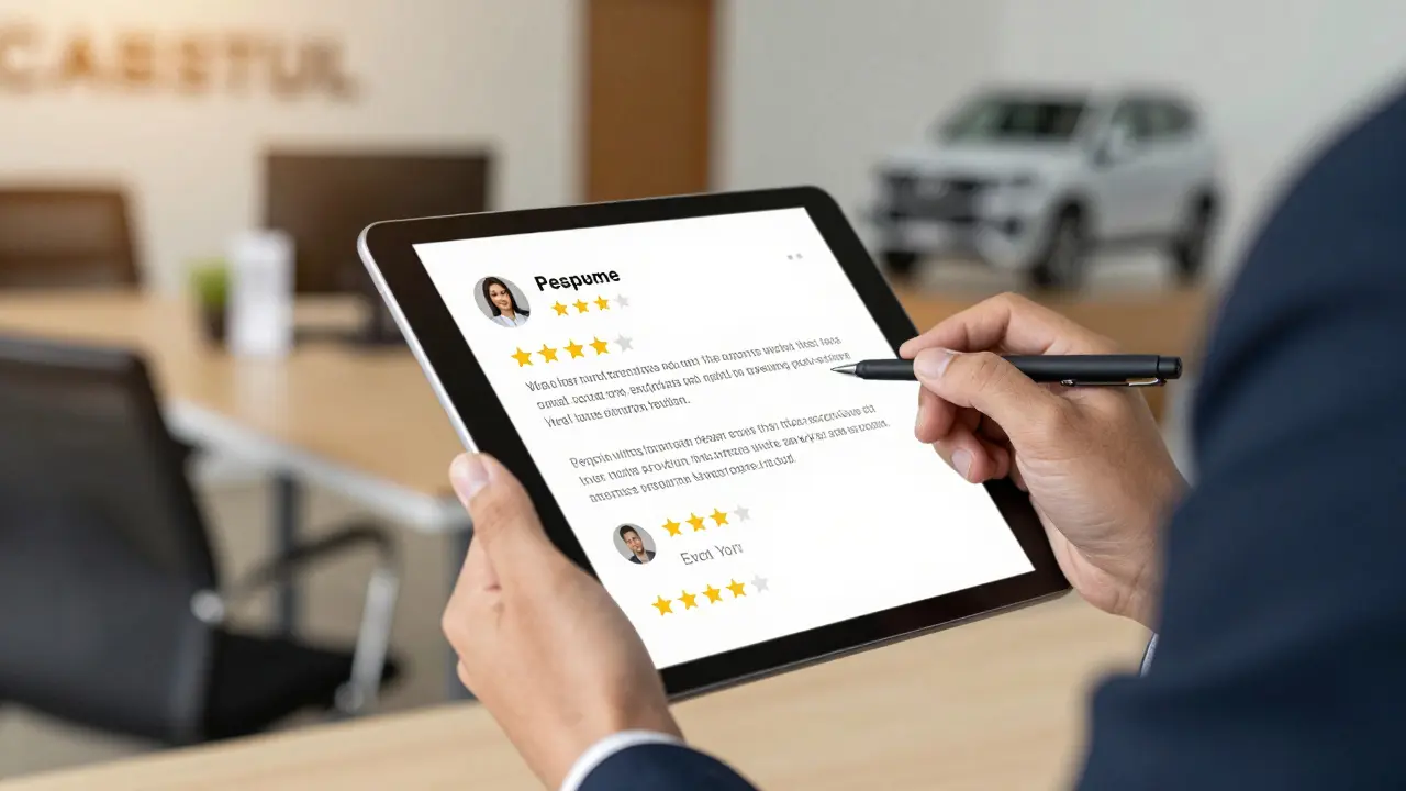Dealership manager responding to a customer review on a tablet