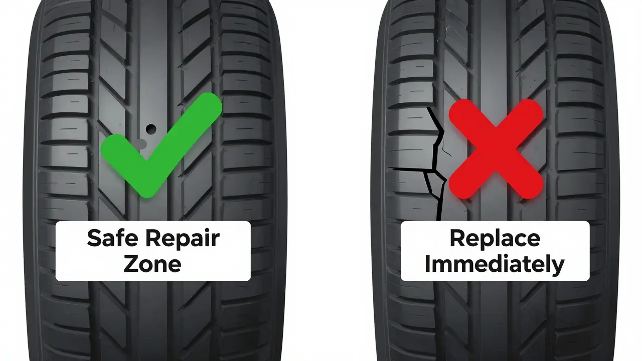 Diagram showing safe repair zones vs replacement areas on a tire.