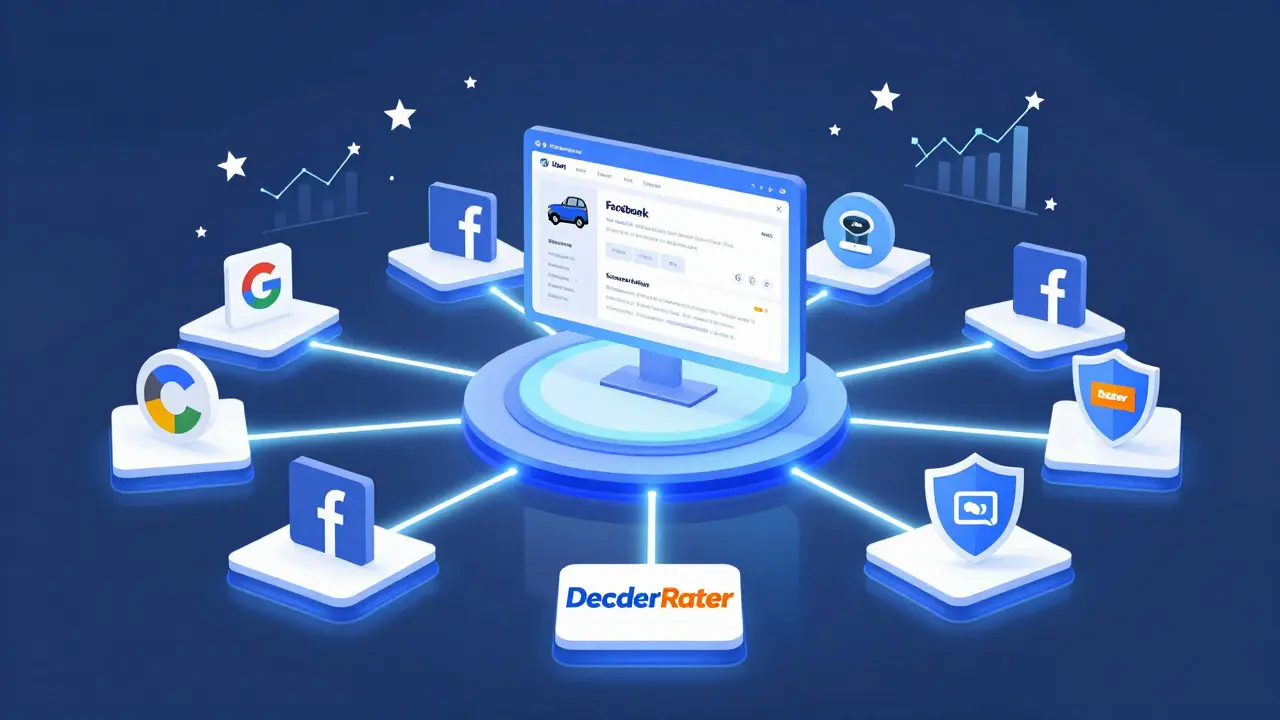 Digital graphic showing online review platforms connected to dealership data