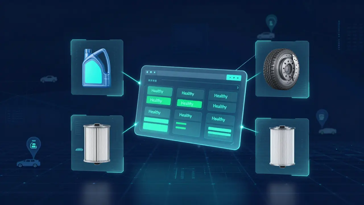 Digital holographic interface showing automated fleet maintenance alerts and vehicle health status.