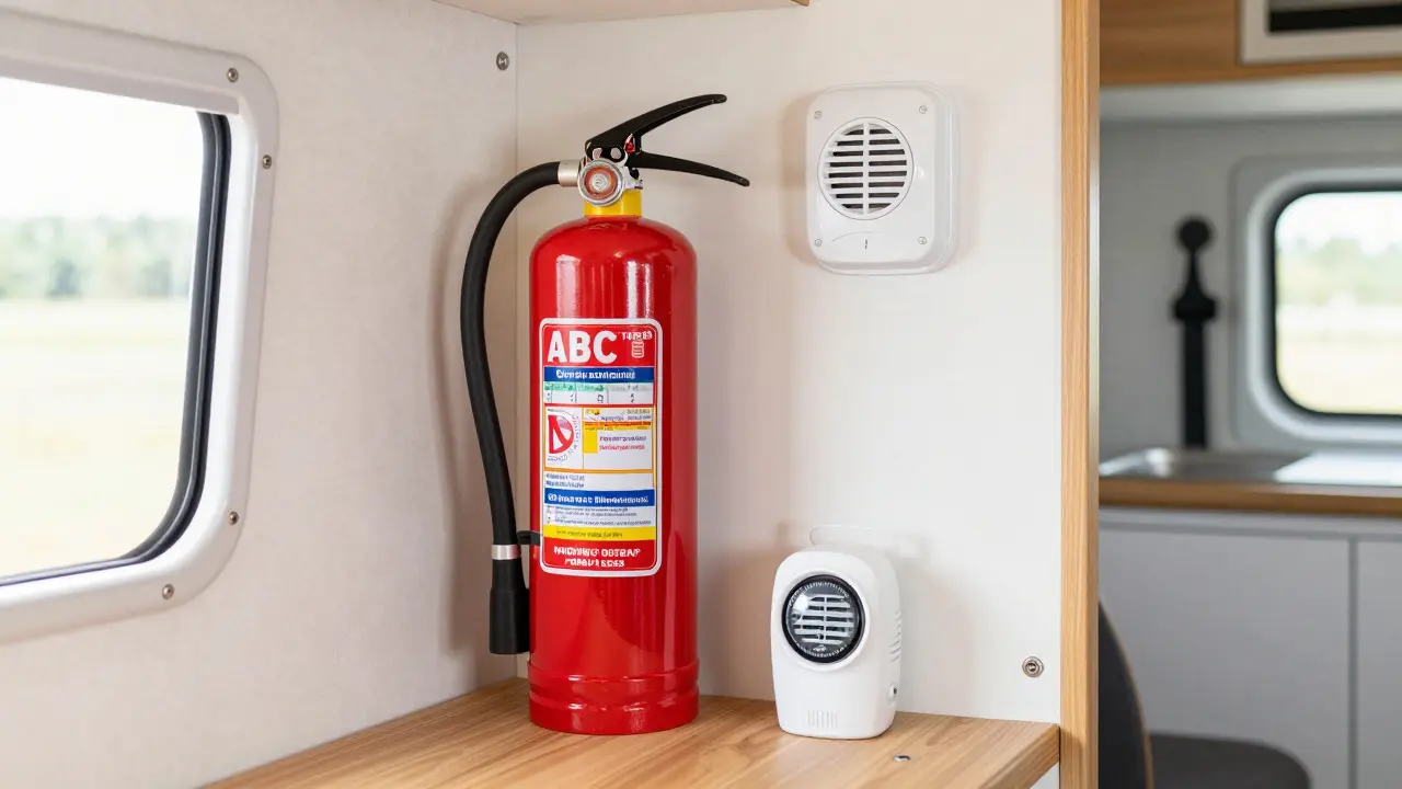 Essential van safety gear including fire extinguisher, CO detector, and propane alarm on a counter.