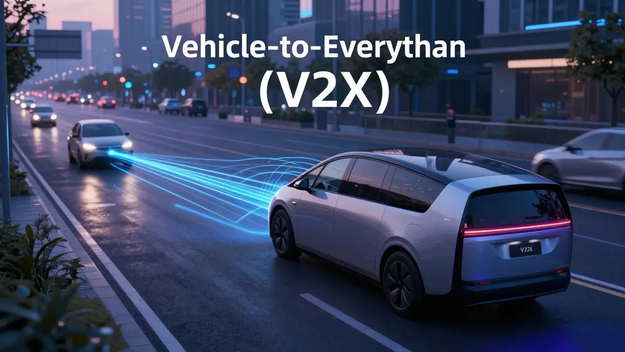 Futuristic car connected via digital lines for V2X communication