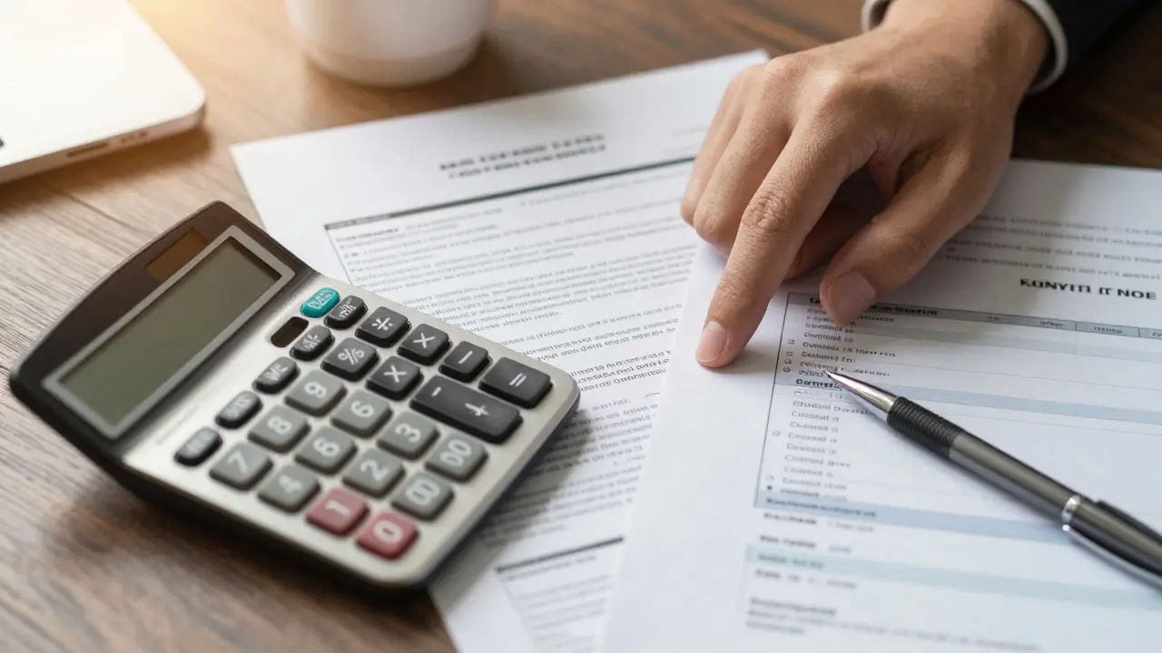 Hand calculating car loan costs vs savings on a desk