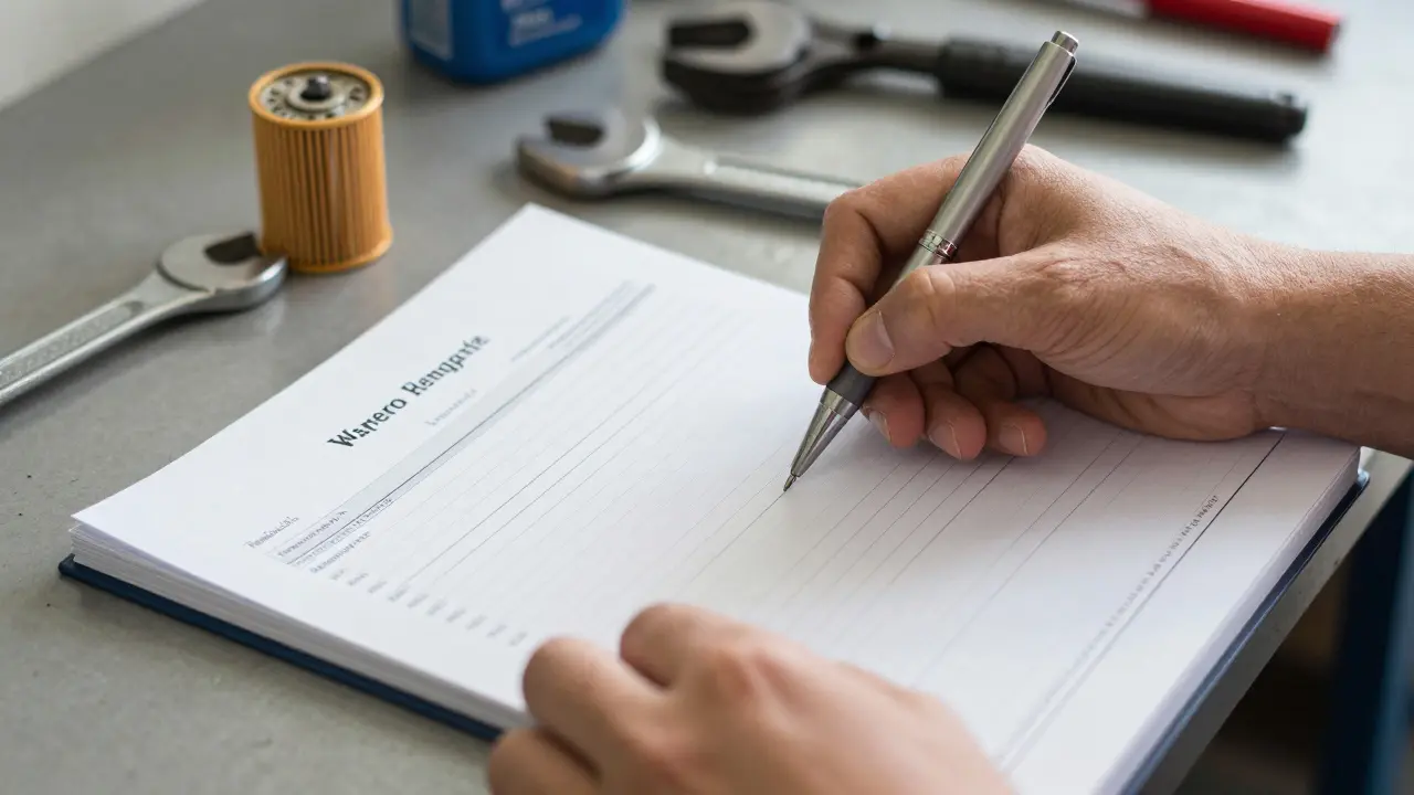 Hand signing a maintenance logbook next to tools on a workbench.