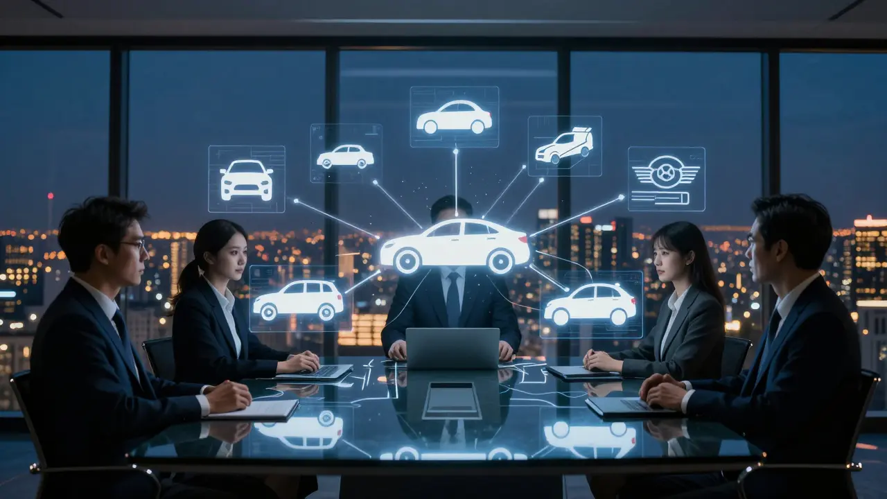 Holographic automotive brands merging in a high-stakes corporate boardroom.