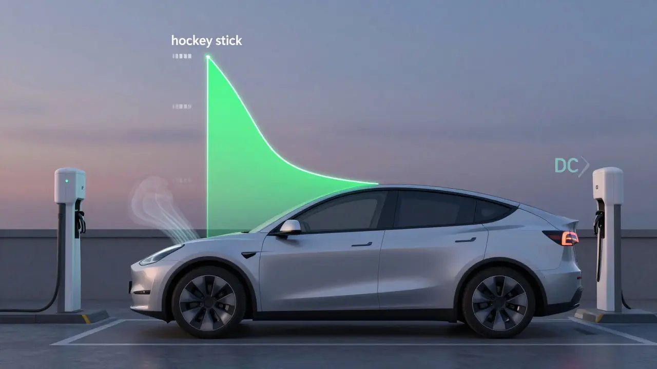 Holographic hockey stick curve illustrating EV charging speed drop