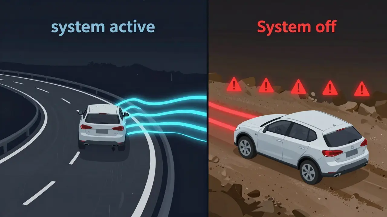 Illustration comparing ESC use on pavement versus off-road