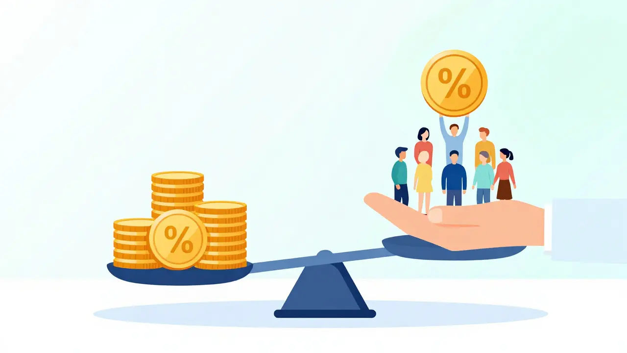 Illustration of a balance scale showing credit union savings over high bank fees.