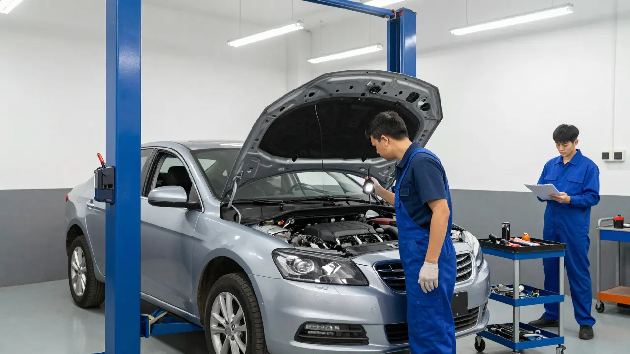 Mechanic inspecting car engine under the hood in workshop
