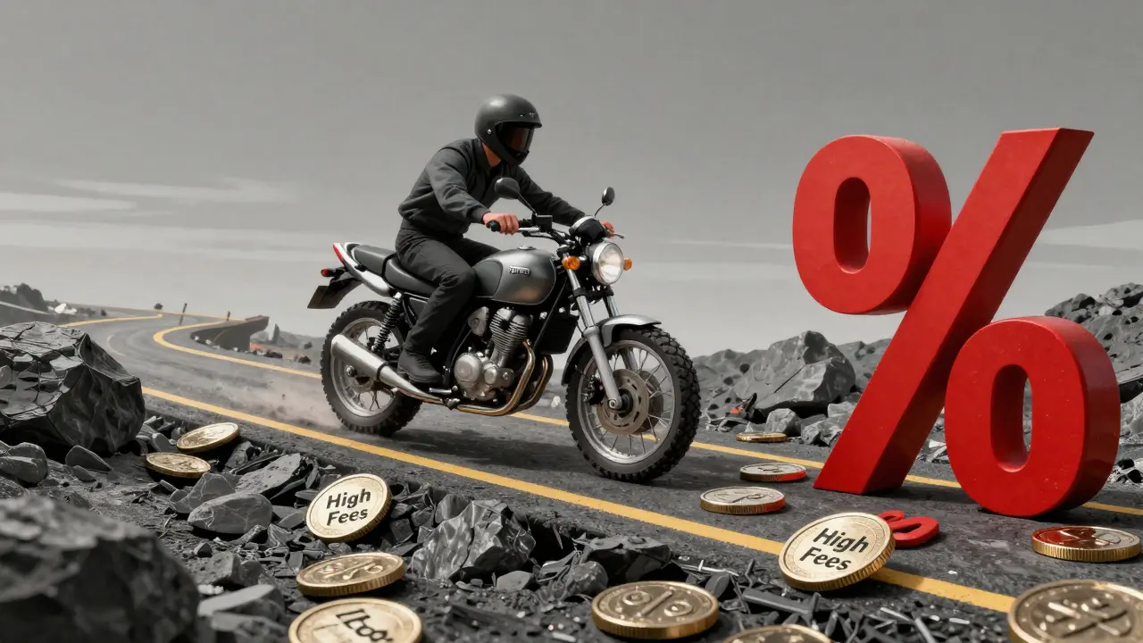 Motorcycle riding over a path of coins and interest rates