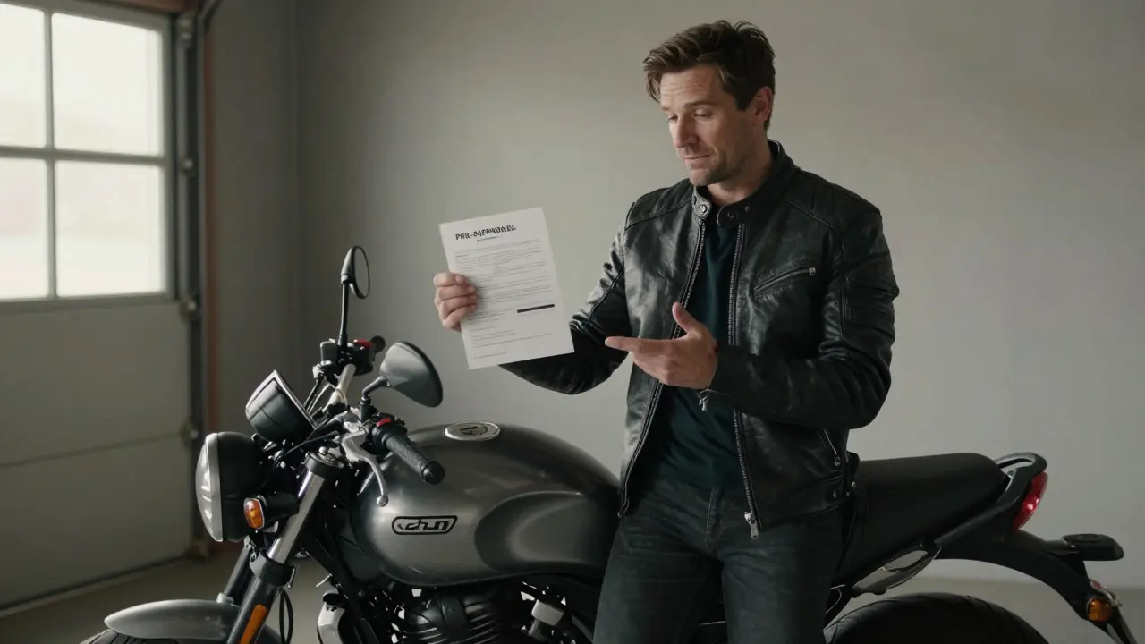 Motorcyclist holding pre-approval letter next to bike in a well-lit garage.