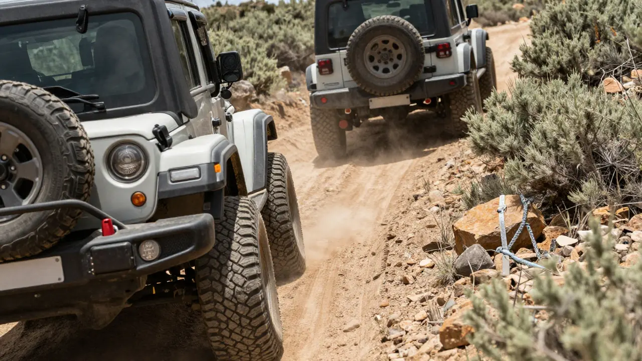 Off-road vehicles yielding on a narrow dirt trail in desert terrain