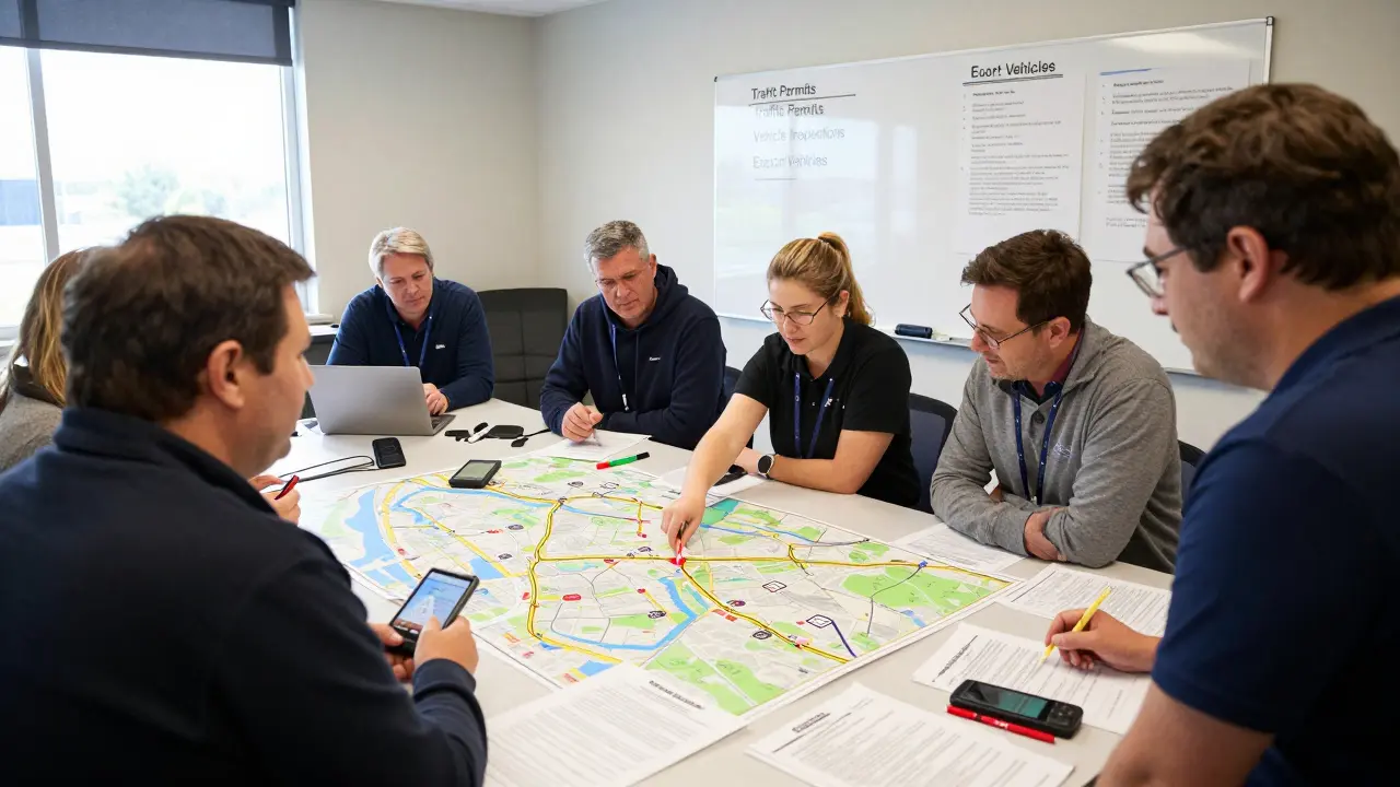 Organizers planning a car rally route with maps and permits on a table