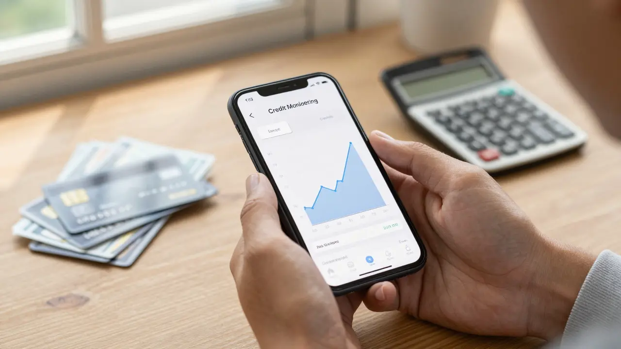 Person checking credit score on phone with paid bills and calculator on desk.