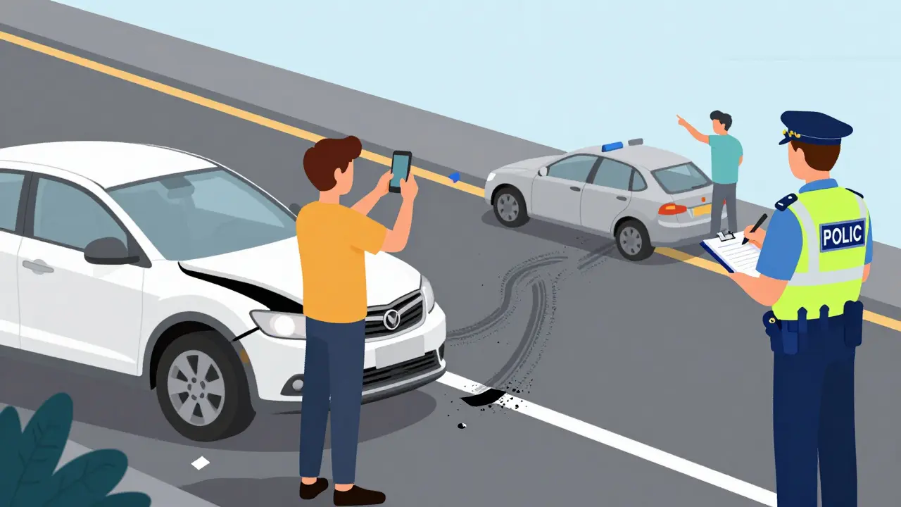 Person photographing car damage while police take statements