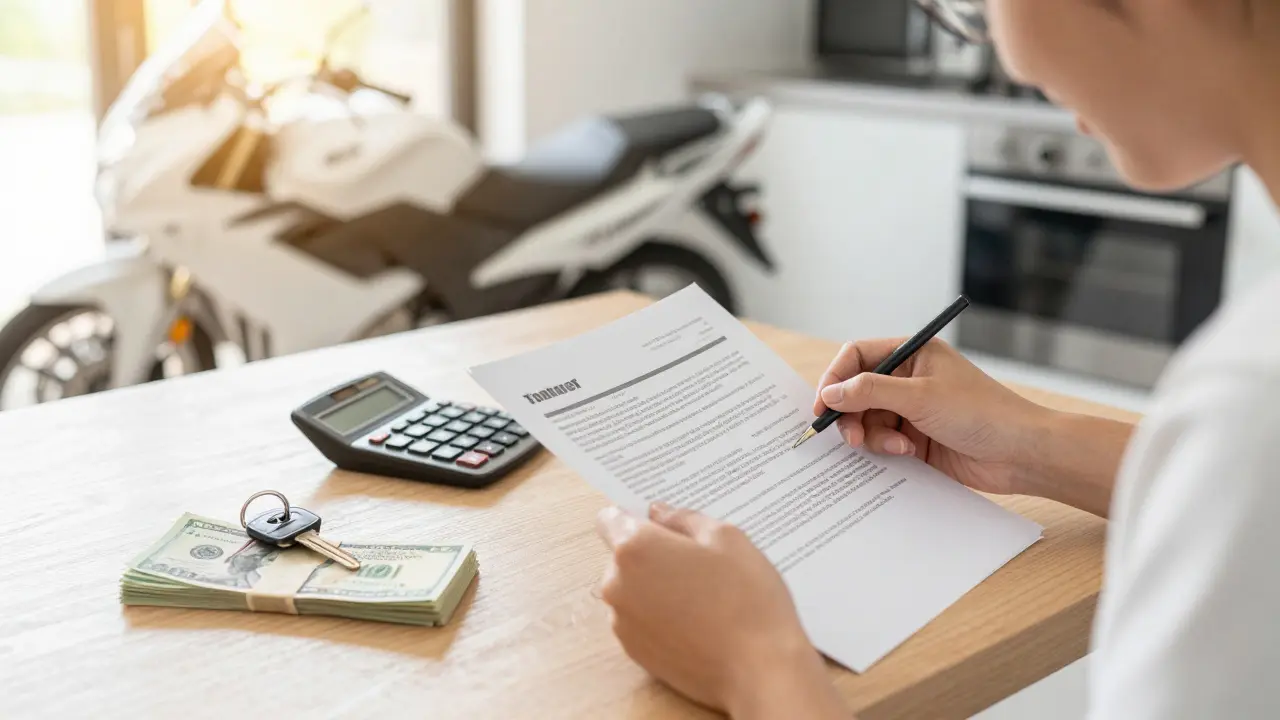 Person reviewing loan papers with motorcycle keys and cash