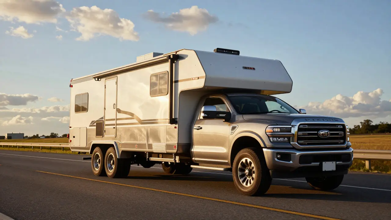 Pickup truck towing a trailer with weight distribution hitch on highway
