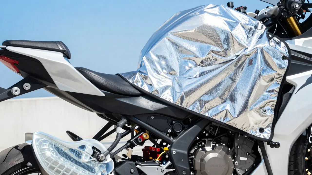 Reflective cooling cover on a bike seat under bright summer sun