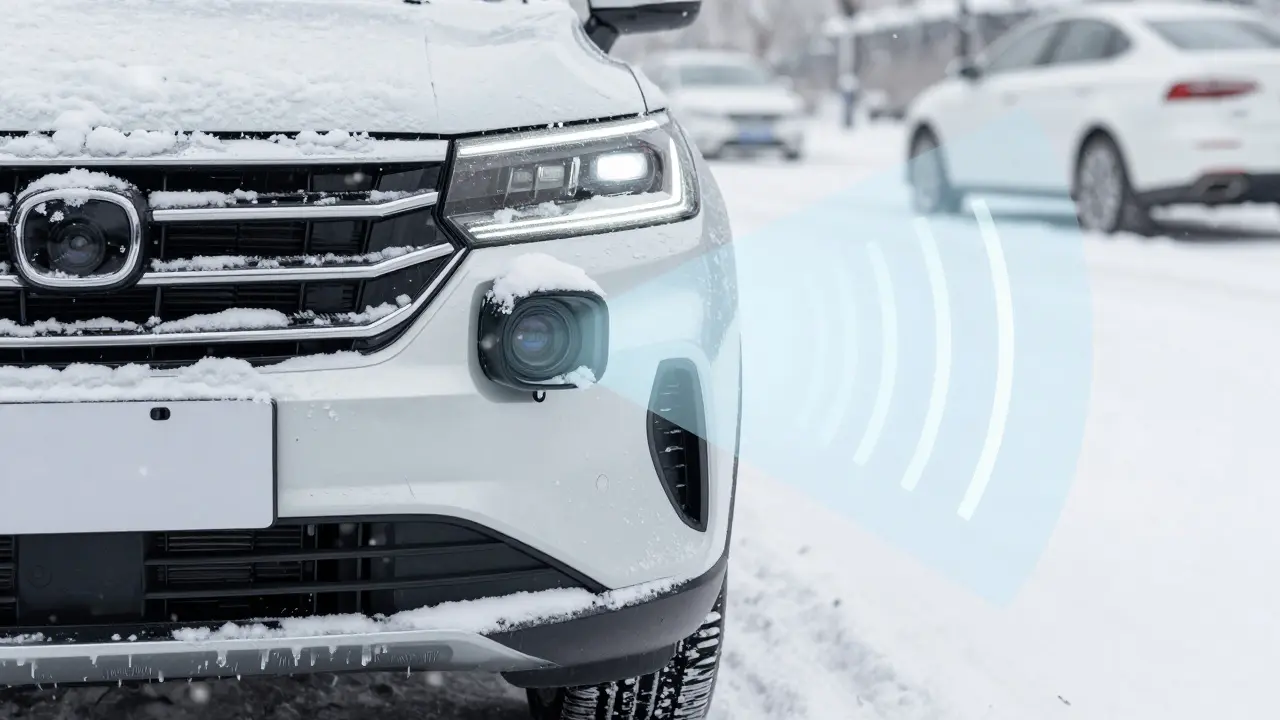 Snow and ice blocking car sensors reducing AEB effectiveness