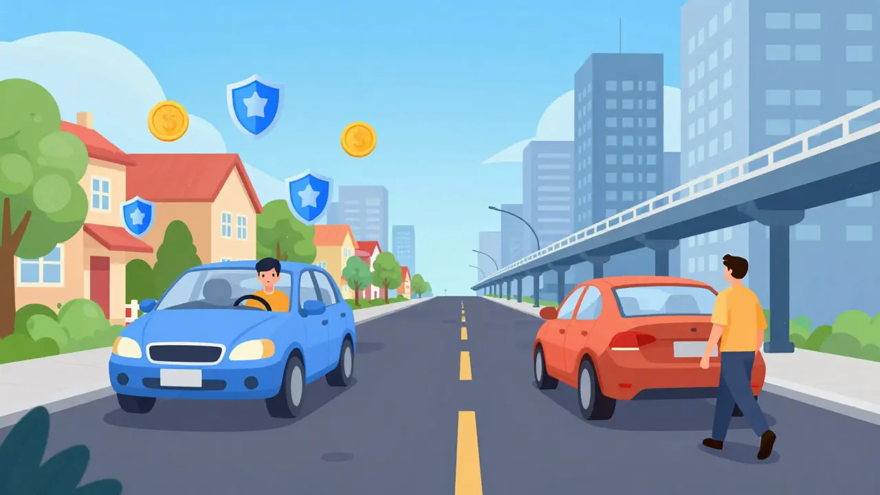 Split image showing safe driving vs urban low-mileage life