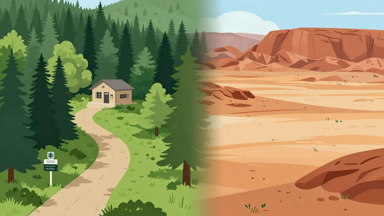 Split view comparing lush national forest and arid BLM desert landscapes