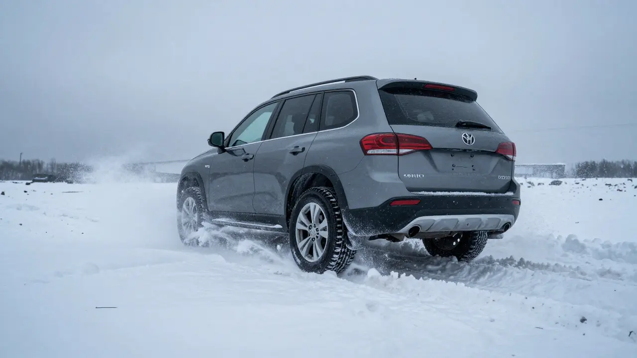 SUV wheels spinning in deep snow to gain traction