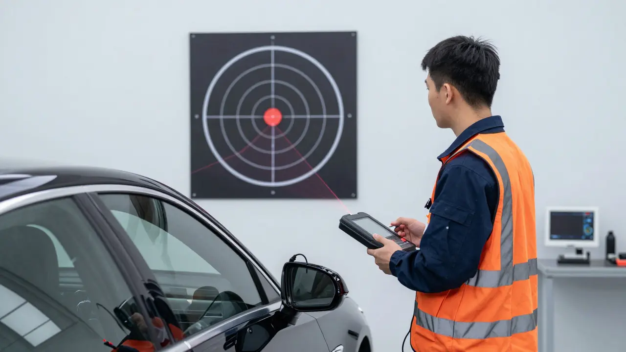 Technician calibrating vehicle sensors using laser targets in a service garage