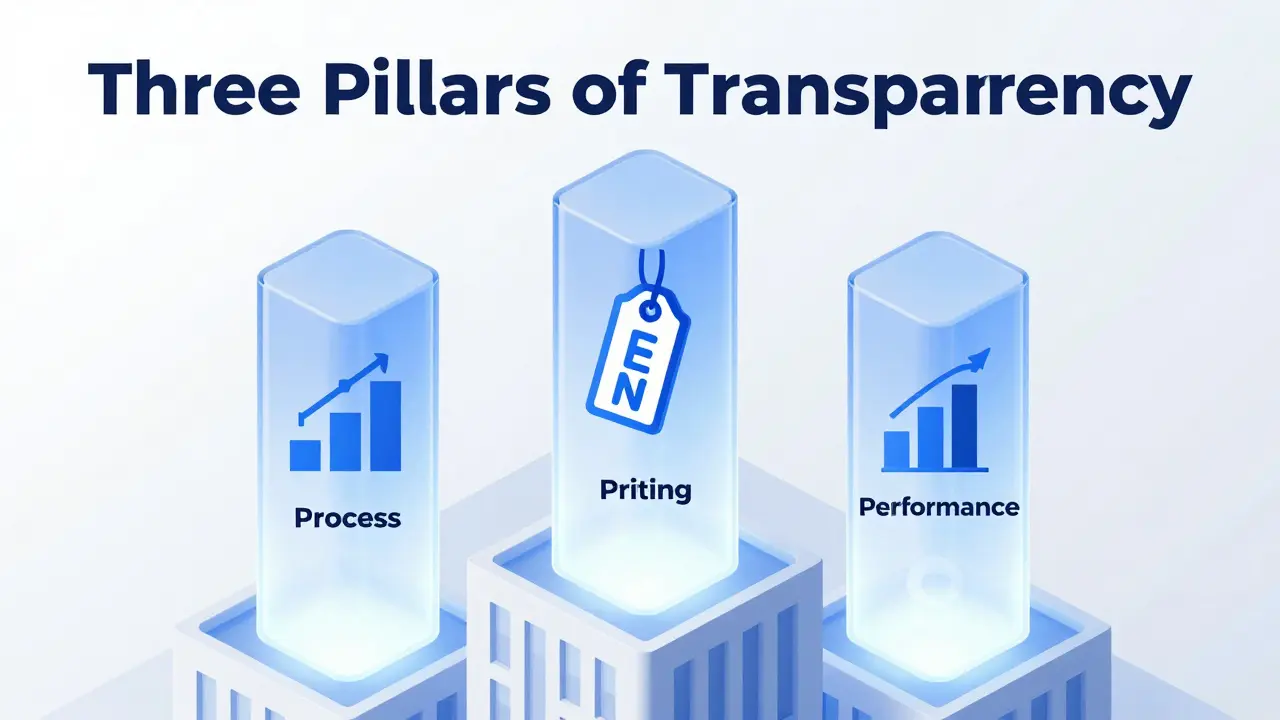 Three glass pillars representing process, pricing, and performance transparency