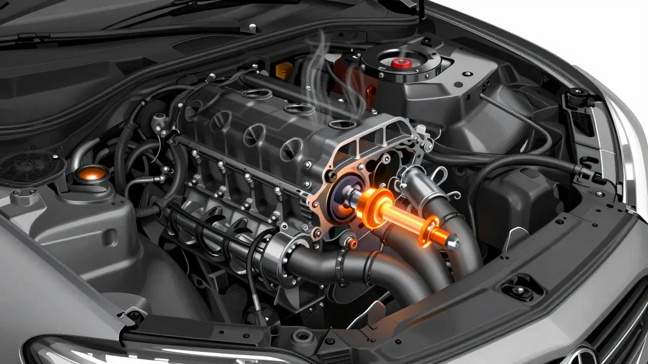 Transparent engine cutaway highlighting wideband oxygen sensor placement