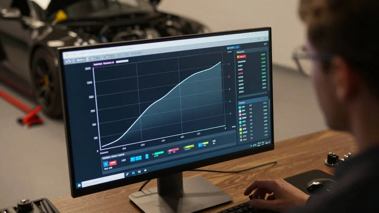 Tuner analyzing performance graphs with a sports car in background