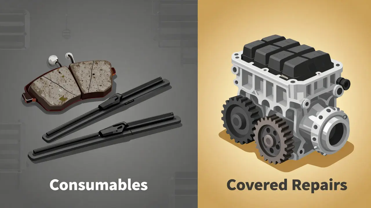 Visual contrast between worn brake parts and pristine engine components.
