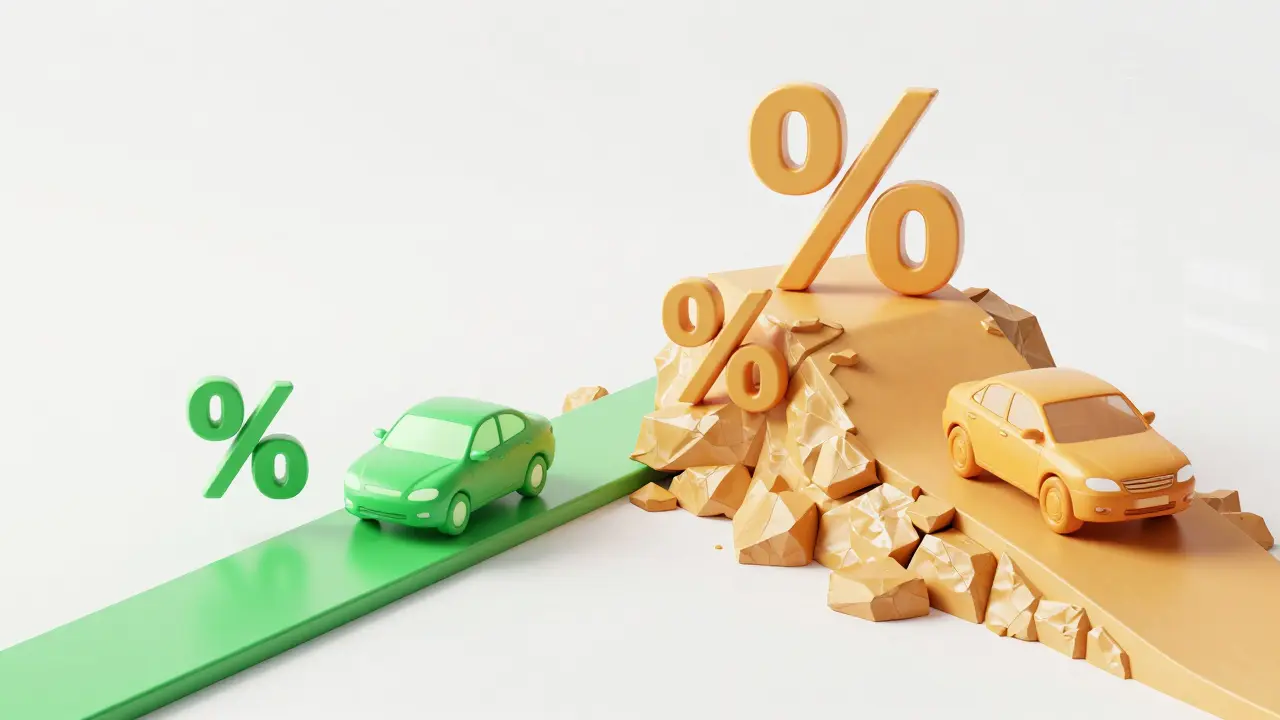 Abstract 3D graphic comparing low interest rates for new cars vs high rates for used cars